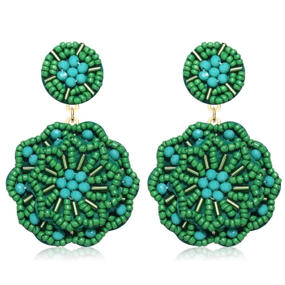 Green and Blue Beaded Double Flower Boho Dangling Drop Statement Post Earrings